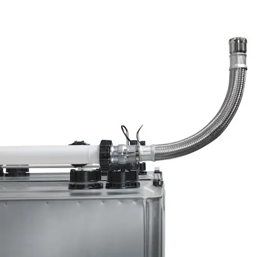 Roth-Füllflex mit einem Edelstahlbehälter, ausgestattet mit Schlauchanschlüssen und einem flexiblen Edelstahlrohr für fluidtechnische Anwendungen.